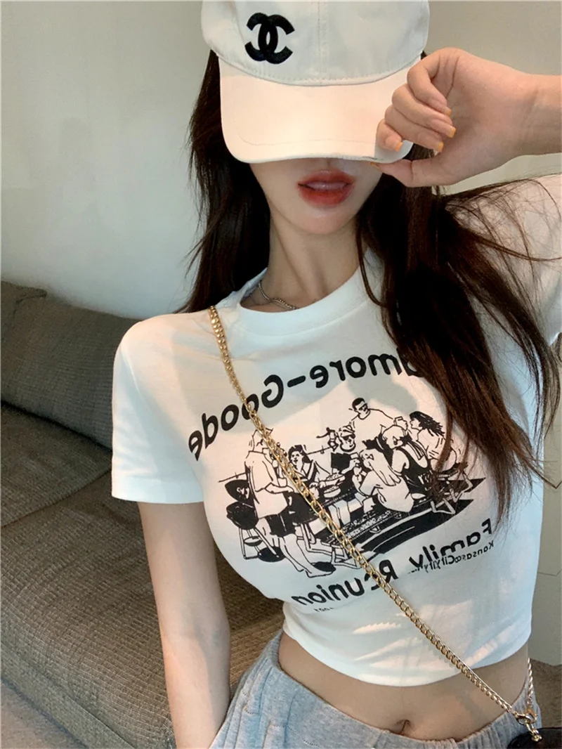Women's ort Sve ort Print T-irt round Ne Slim Fit Versatile Sexy Belly Button Exposure Korean Sle Commute Trend