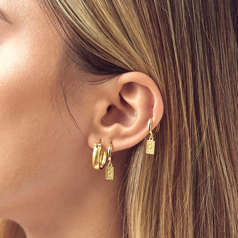 925 Silver Needle Square Pendant Hoop Earrings Vintage Gold Earrings For Women Shell Pendant Earring Fashion Jewelry Accessories