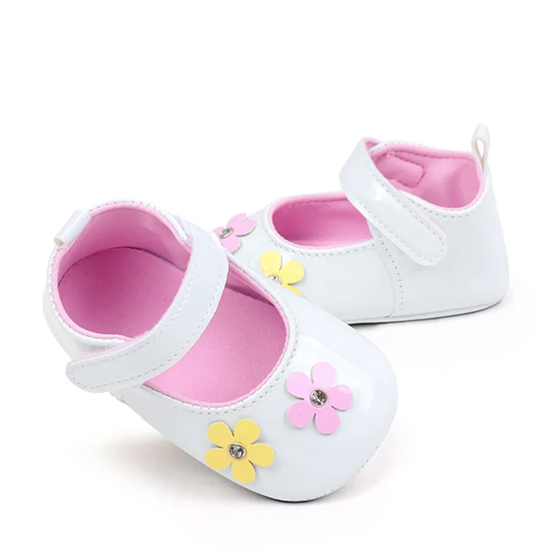 Cathery Baby Girls Flowers Patchwork Flats Non-slip Soft Soles Cute PU Mary Jane Shoes Casual Walking Shoes for Newborn Toddler