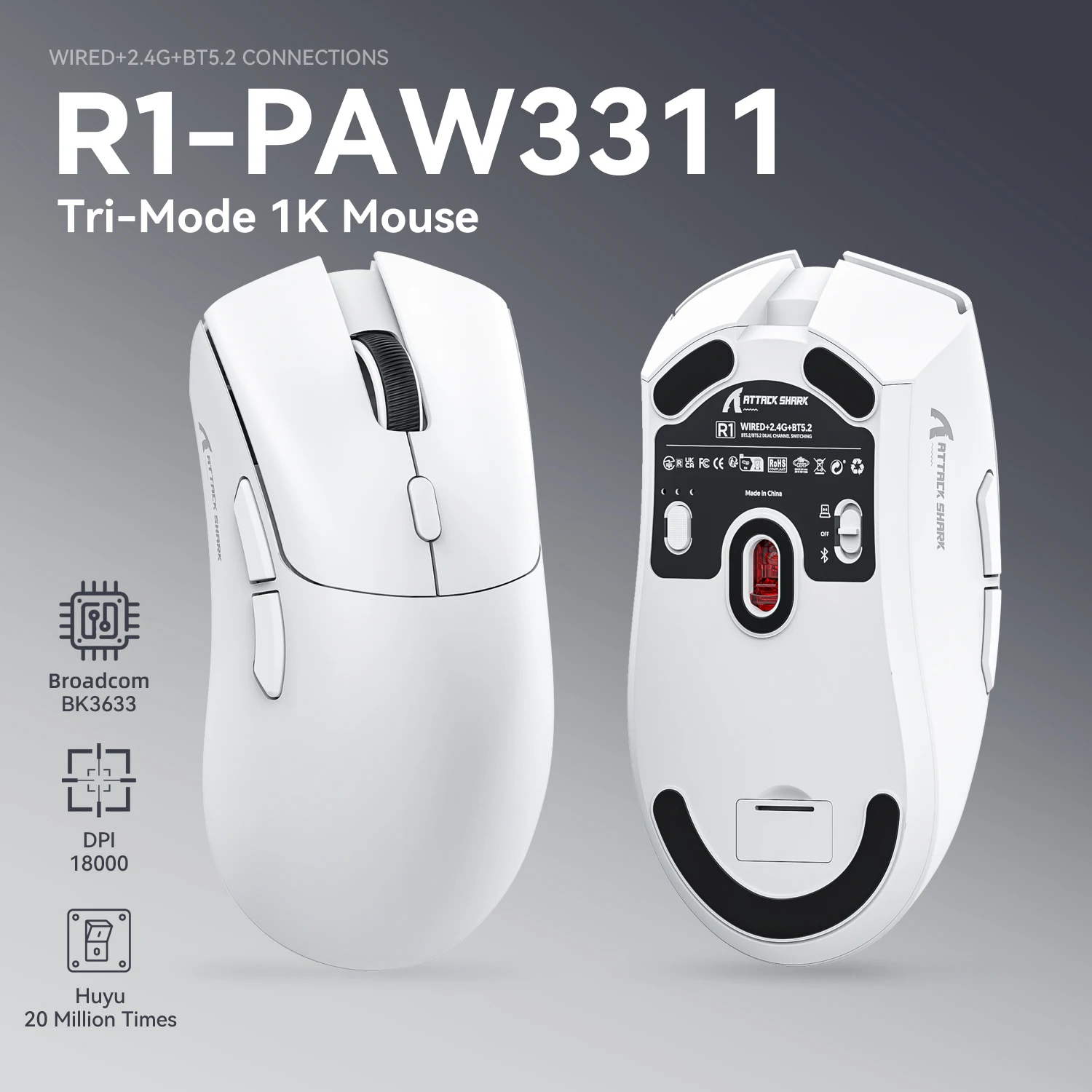

Attack Shark R1 Ultra-Light Tri-Mode Gaming Mouse BT5.2/2.4G/USB-C, PAW3311 Sensor 18000DPI/400IPS/40G, 59g Lightweight + 65H