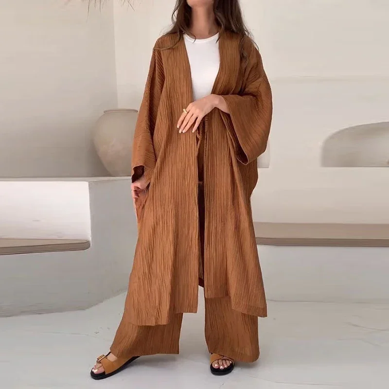 Elegant Female Loose Solid Color Outfits 2023 Women\'s Autumn Suits Lady Pleated Texture Top+Straight Casual Pants Two-Piece Sets