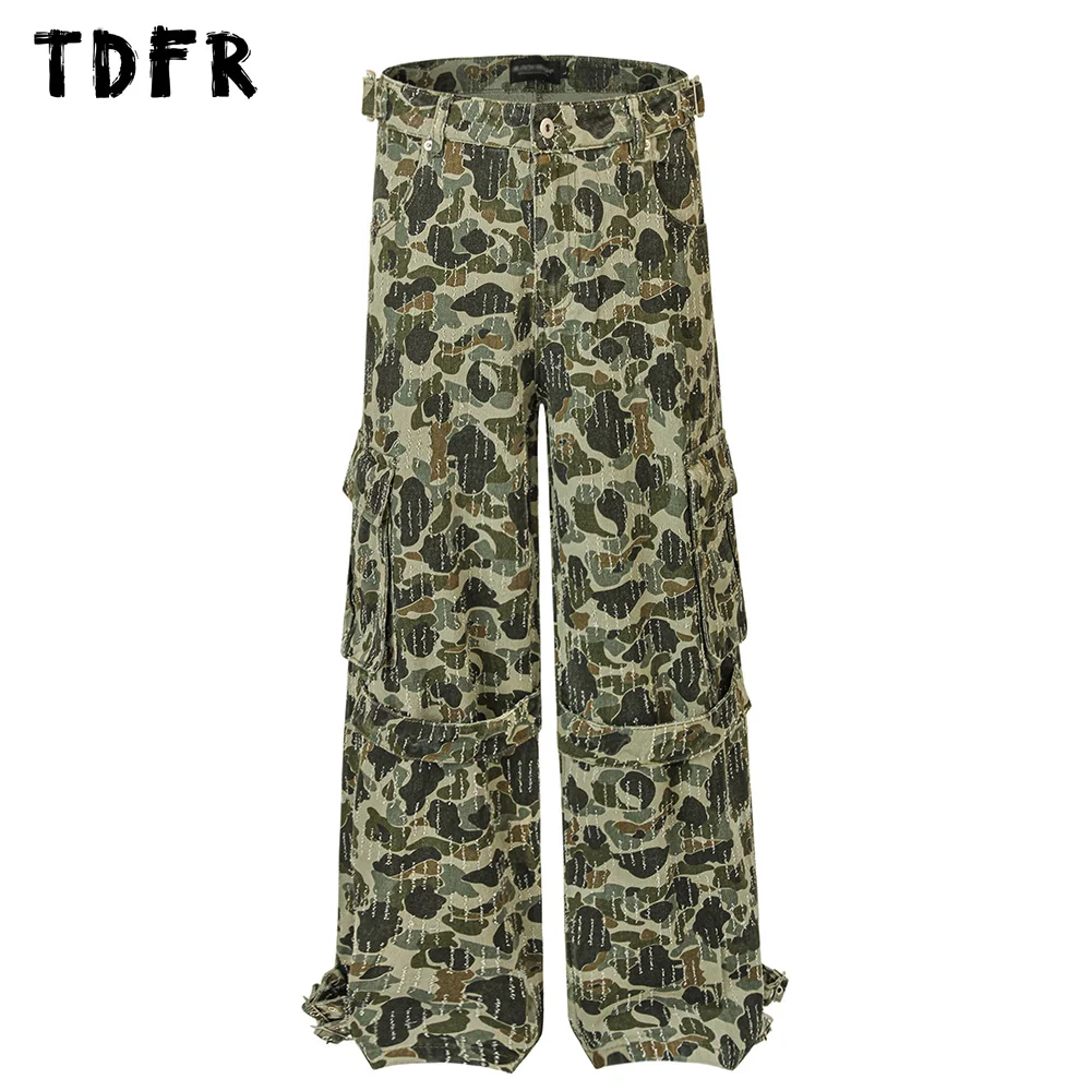 Camouflage Pocket Cargo Pants Mens Scratch Spliced Retro Streetwear Adjustable Waist Loose Straight Wide leg Trousers Men