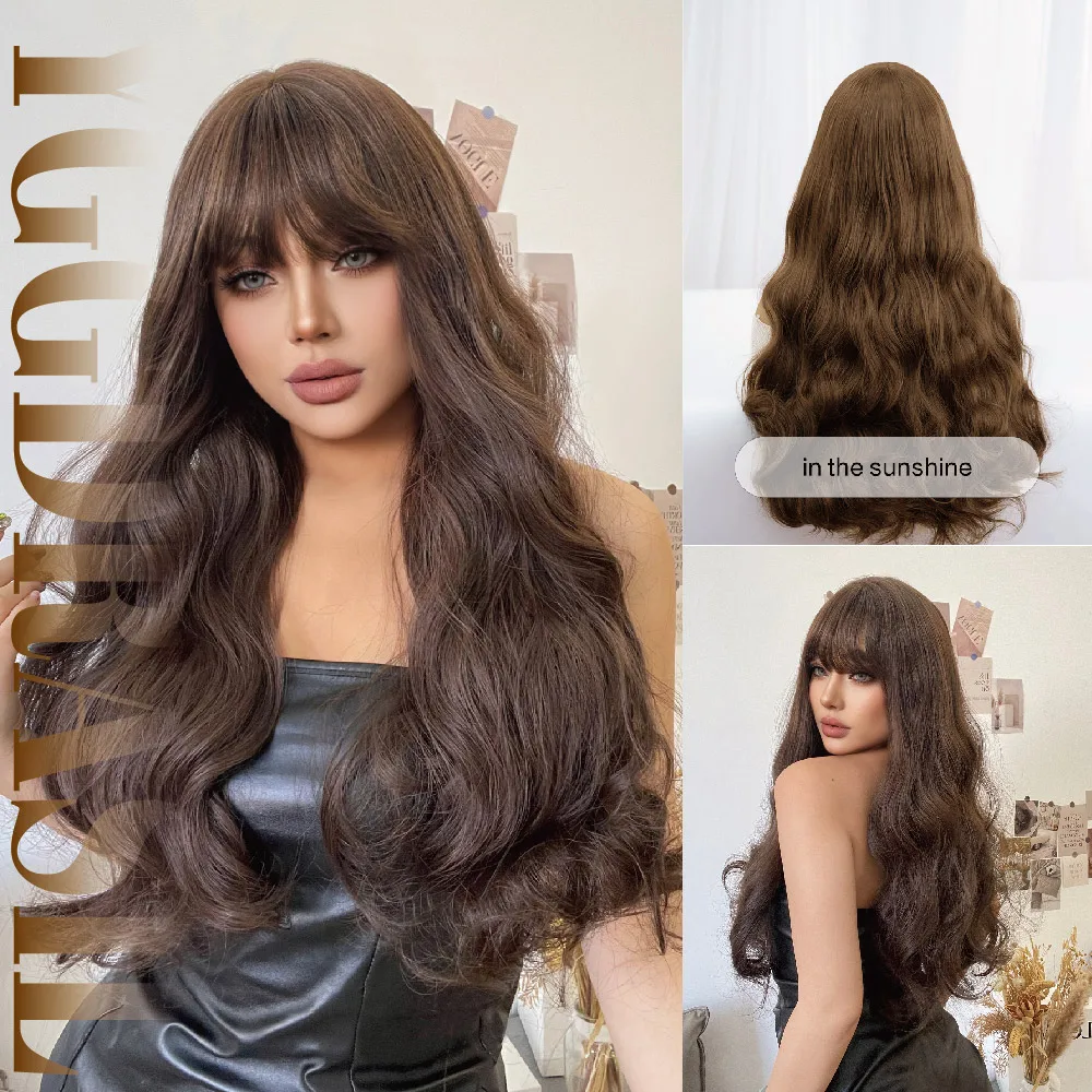 

28-дюймовые винтажные шоколадно-коричневые синтетические парики с челкой, длинные натуральные волнистые волосы, парик для женщин, термостойкий для ежедневного использования