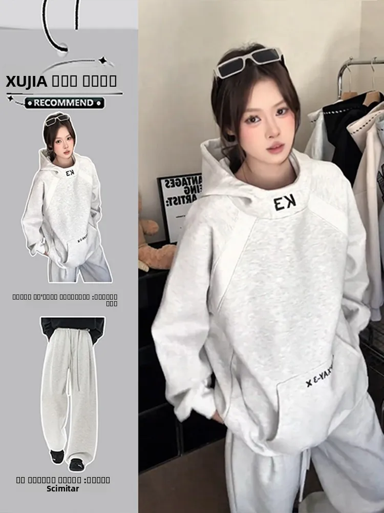 

Комплект спортивной одежды American Sle: толстовка с высоким воротником и вышивкой, брюки-кюлоты для мужчин и женщин, осень-зима, повседневный стиль.