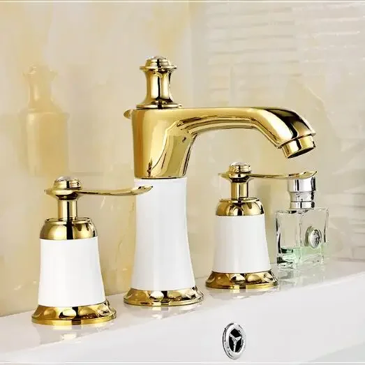 

8" spread Cold&hot Basin Faucet Brass White and gold Bathroom Sink Faucet 2 Handles Sink Mixer Tap 3pcs Deck Mounted