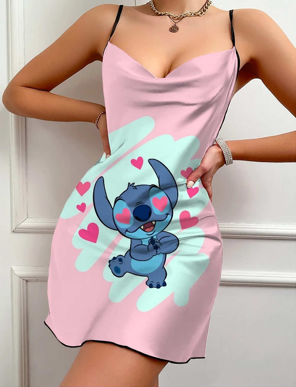 Suspender V-neck Sexy Bow Lace Backless Pajama Dress Summer Ladies Stitch Cartoon Print Nightdress Clothing