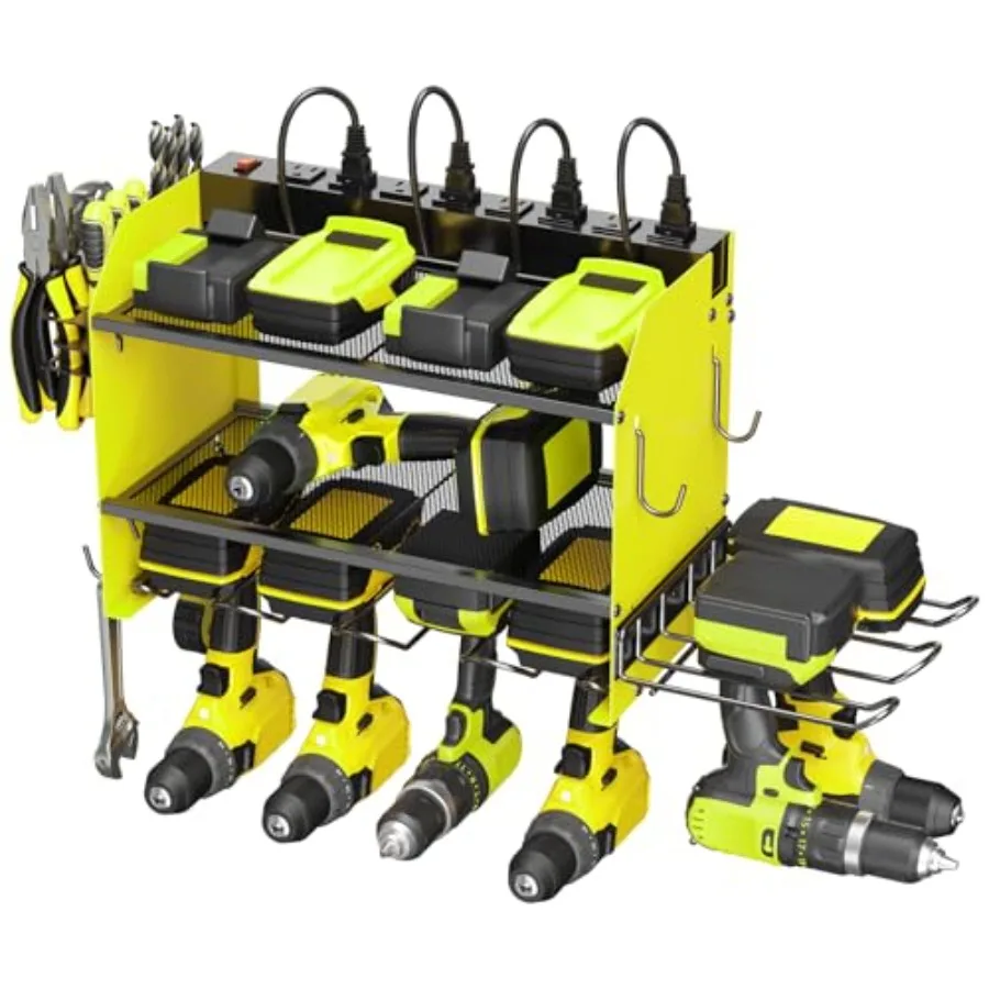 

Modular Power Tool Organizer Wall Mount Charging Station 6 Drills Holder with 8 Plug Power Strip 6Feet Garage Drill Battery Hea