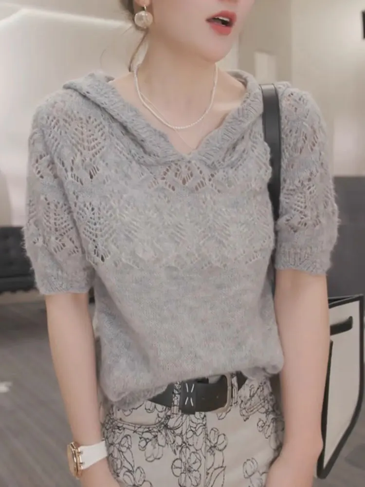 

ay Knitted Sweater with Hat Hollow out Design Summer New Casual Sle Women's ort Sve Top Korean Faion Loose Fit