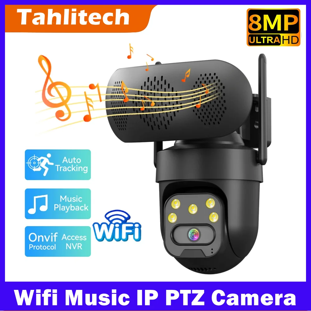 

8MP WiFi IP Camera with Music Player Outdoor 4MP Color Night Vision Human Auto Tracking Security Cameras Bluetooth Speaker