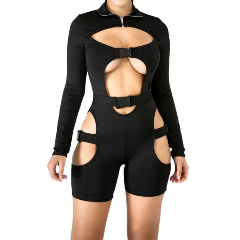 Women Bodycon Buckle Cut Out Biker Romper Sexy Long Sleeve Hollow Out Clubwear Bodysuit Short Jumpsuit Orange Fluorescent Green
