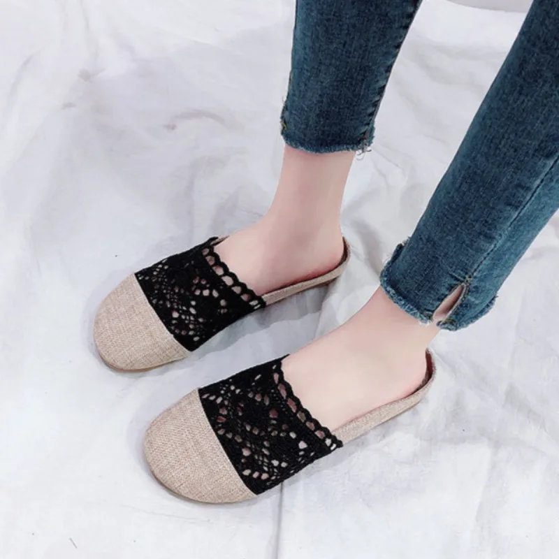 Kobiety Mesh Toe Half Slippers Summer New Fashion Flip Flops Slingback Linen Lace Hollow Wygodne białe kapcie dla kobiet