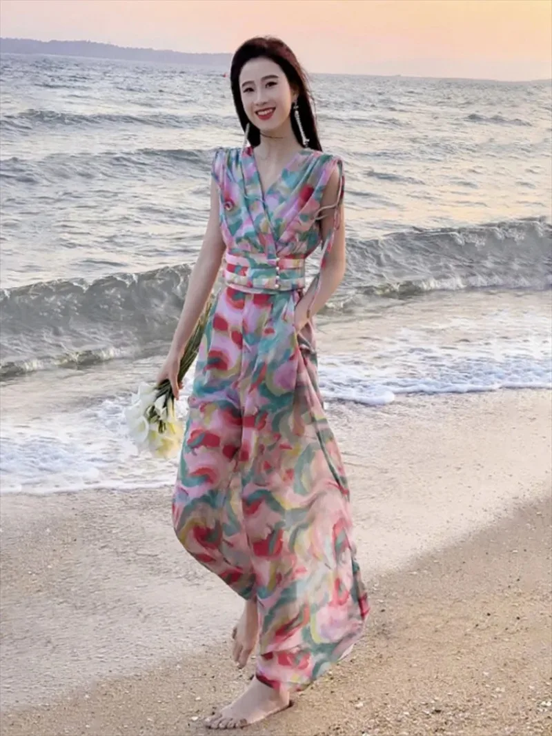 

Новые летние комплекты из 2 предметов. Женская одежда. Модный принт без рукавов со шнуровкой на талии для похудения. Короткий топ с высокой талией. Широкие брюки.