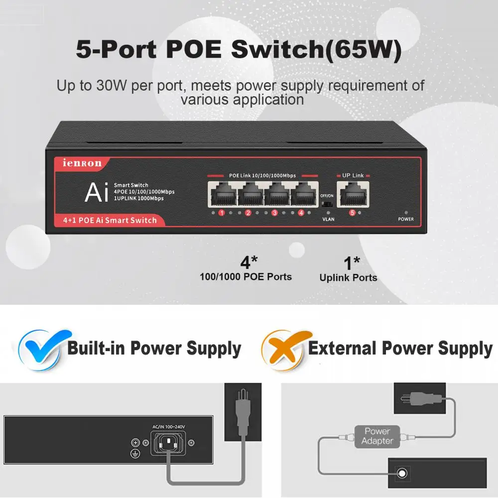 Ienron-Gigabit POE Ethernet Switch, Interruptor Rápido Rede, Wifi Router, Sistema de Segurança da Câmera, 5 Port, 100 mbps, 1000mbps