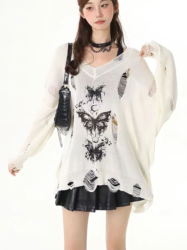 Y2k Hollow out Knit Oversize T shirt Women Long sleeve Off shoulder Top Sexy Basic Transparent Tees Baggy Vintage Ladies New view 3