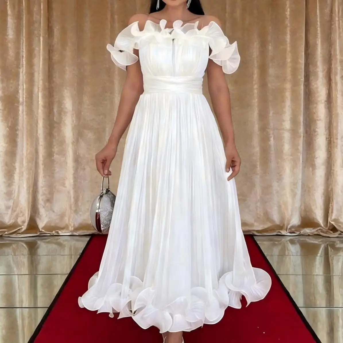 QMANSHA Couture White Pleated Evening Dress Off Shoulder Ruffle Trim A-Line Midi Formal Gown for Elegant Women Party Dresses