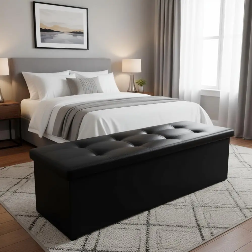 43 Large Storage Ottoman Bench - 125L Capacity, Supports 700lbs, Padded Leather Seat, Bedroom Storage Stool, Black Coffee Table