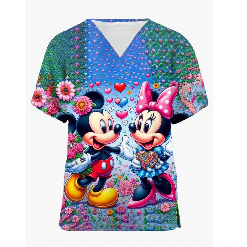 Disney Minnie Pet Hospital Work Clothes Women Short-sleeved Tops Stretch Nurse Uniform Dental Clinic Mickey Mouse Surgical Gown