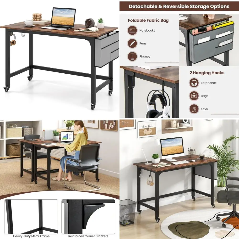 

48 Inch Rolling Computer Desk with Storage Bag, Earphone Hooks, and Lockable Wheels for Home Office