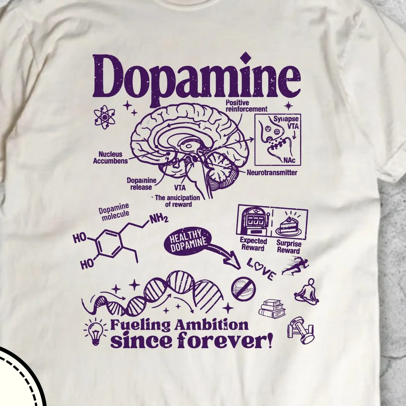 T-shirt Décontracté Vintage Lavé « Dopamine Neuroscience » – Diagramme Cérébral Violet Ivoire pour les Passionnés – Stimule l'ambition