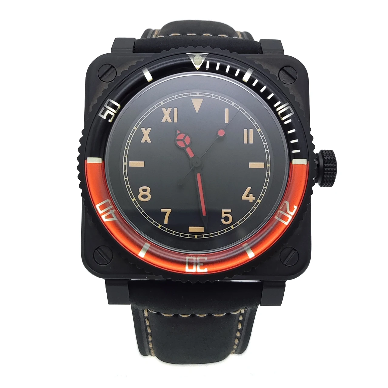 New Arrival 42mm NH35 Square Black Watch, Luminous Dial Sapphire Crystal Aluminum Bezel Leather Band, Top Quality Classic Style