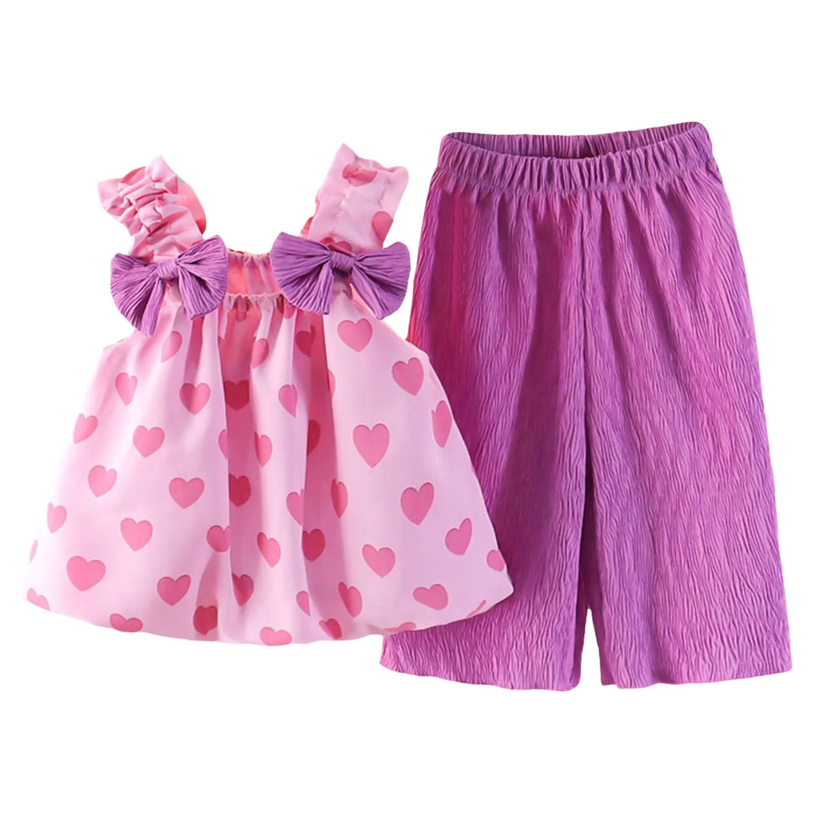 Valentine'S Day Children'S Sleeveless Love Printed Suspenders Chiffon Pod Little Shirt + Wide-Legged 7-Minute Pants Baby Set