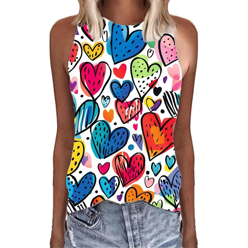 Graffiti Colorful Love Hearts 3D Print Tank Tops Summer Women O-Neck Vest Off Shoulder Y2k Sleeveless Camisole Woman Clothing — zdjęcie 7