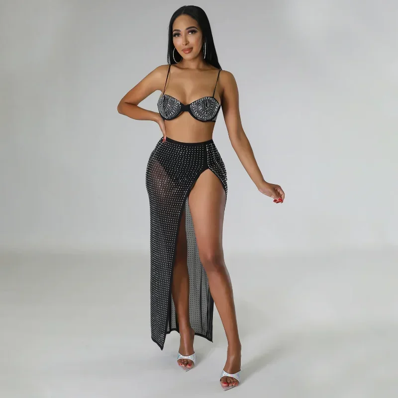 

GUWU Summer Women's Suit Daimonds Two 2 Piece Set Sexy Push Up Bra with Mesh Split Skirt Suit Fashion Party Nightclub Wear