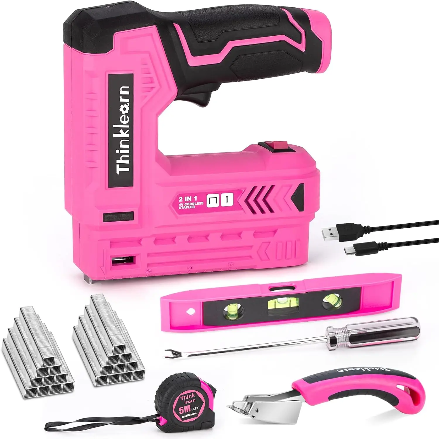 Pink Cordless Staple Gun Set with 2500 Staples, USB Charger for DIY Woodworking and Crafts