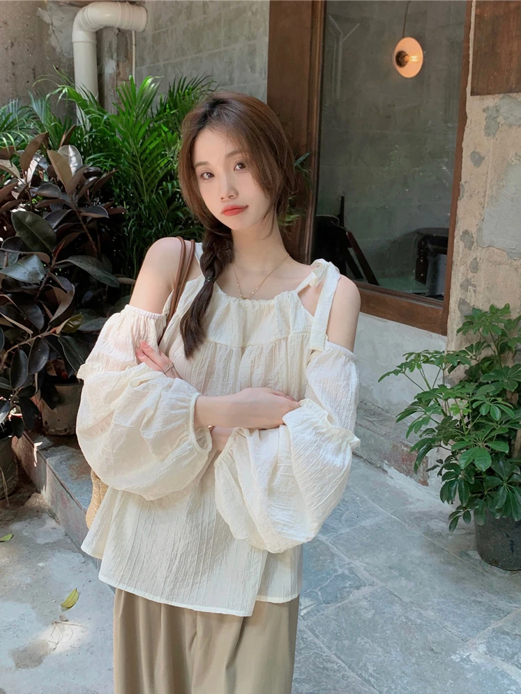 

Kumikumi Sweet Style Long Sleeve Shirt Women's Loose Outerwear Shoulder Bared Knot Top Korean Style Commute Fashion