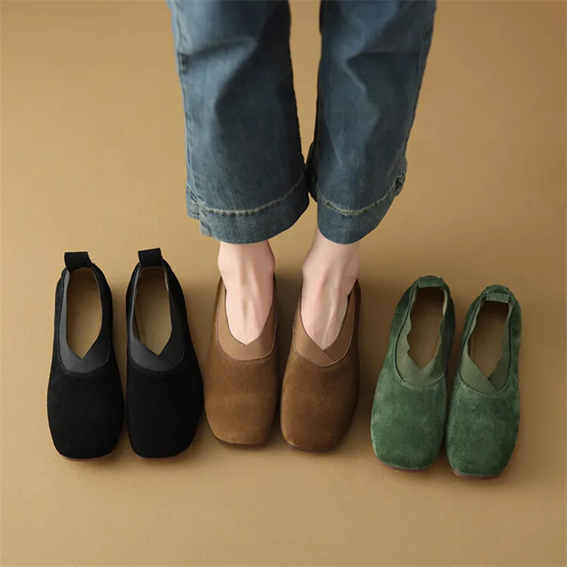 2023 Spring Women Casual Shoes Cow Suede Low Heels Shoes for Women Square Toe Chunky Heel Shoes Soft and Comfortable Women Pumps