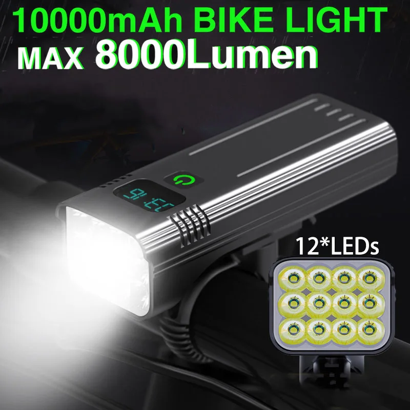 12 LED Bike Light 8000 Lumens USB Chargeable Aluminum MTB Bicycle Light 10000mAh Power Bank Headlight Cycling Accessories