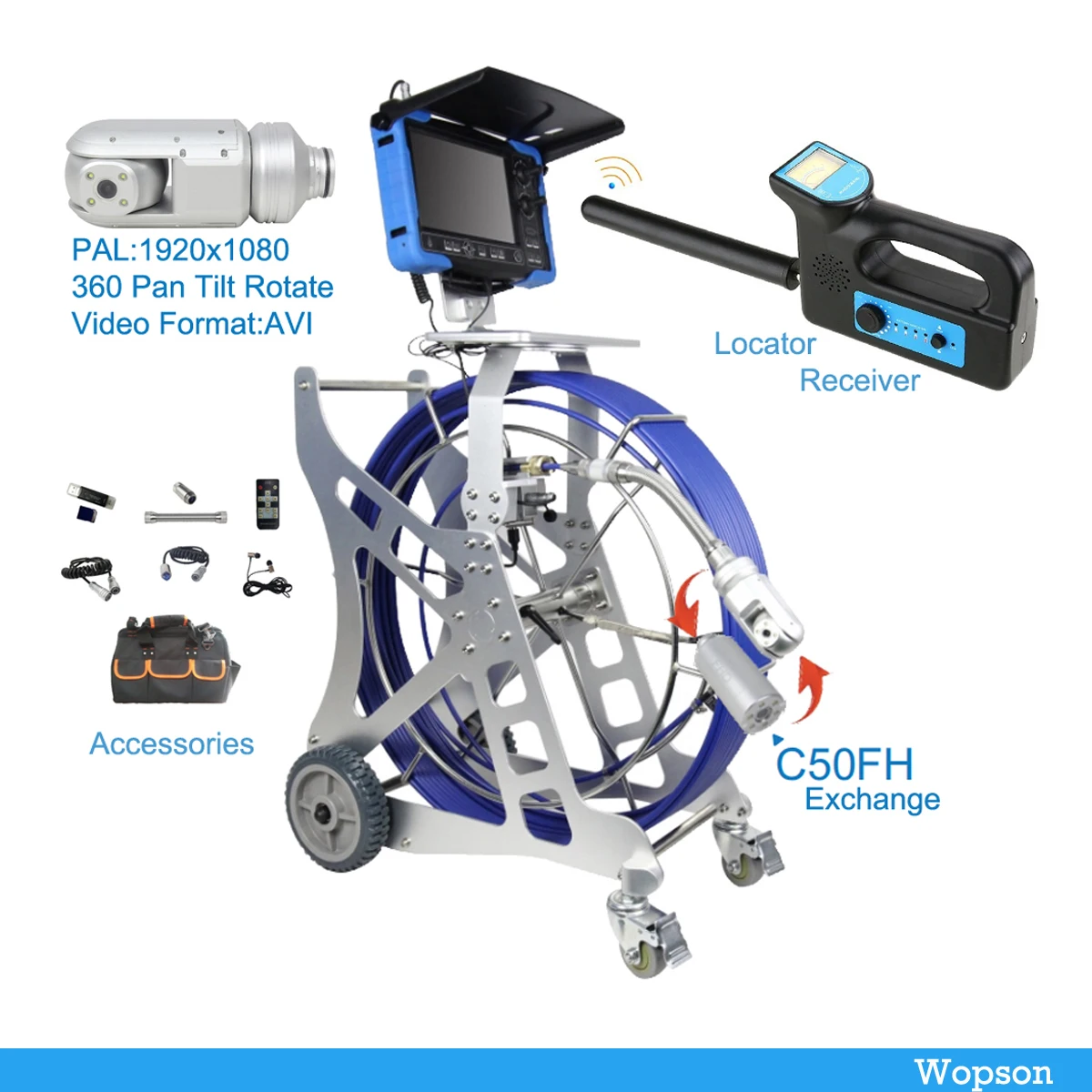 Caméra d'inspection vidéo FHD PAL1920x1080 65mm C65PTF 360 saupoudrer Tilt Rotate, tuyau de vidange, conduit d'égout, système DVR, câble de 9mm et 60m, le plus récent