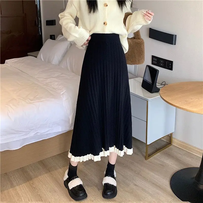 

Thick Knitted Elastic High Waist Winter Korean Fashion Women's Ruffled Edge Skirt Loose A-Line Elegant Mid-Calf Long Skirts R298