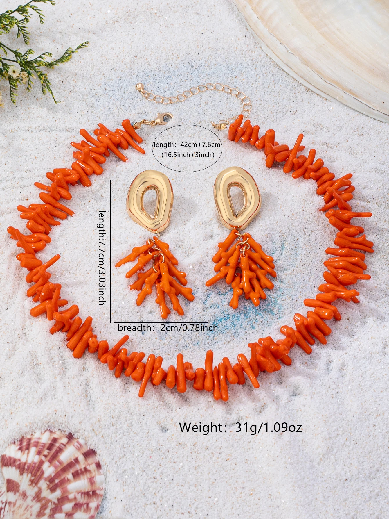 Vintage Bohemian Künstliches Korallenzweig-Schmuckset Unregelmäßige Korallenperlen-Halskette Lange Quasten-Ohrringe Damen Sommer Strand Urlaub Accessoires – Detail 9
