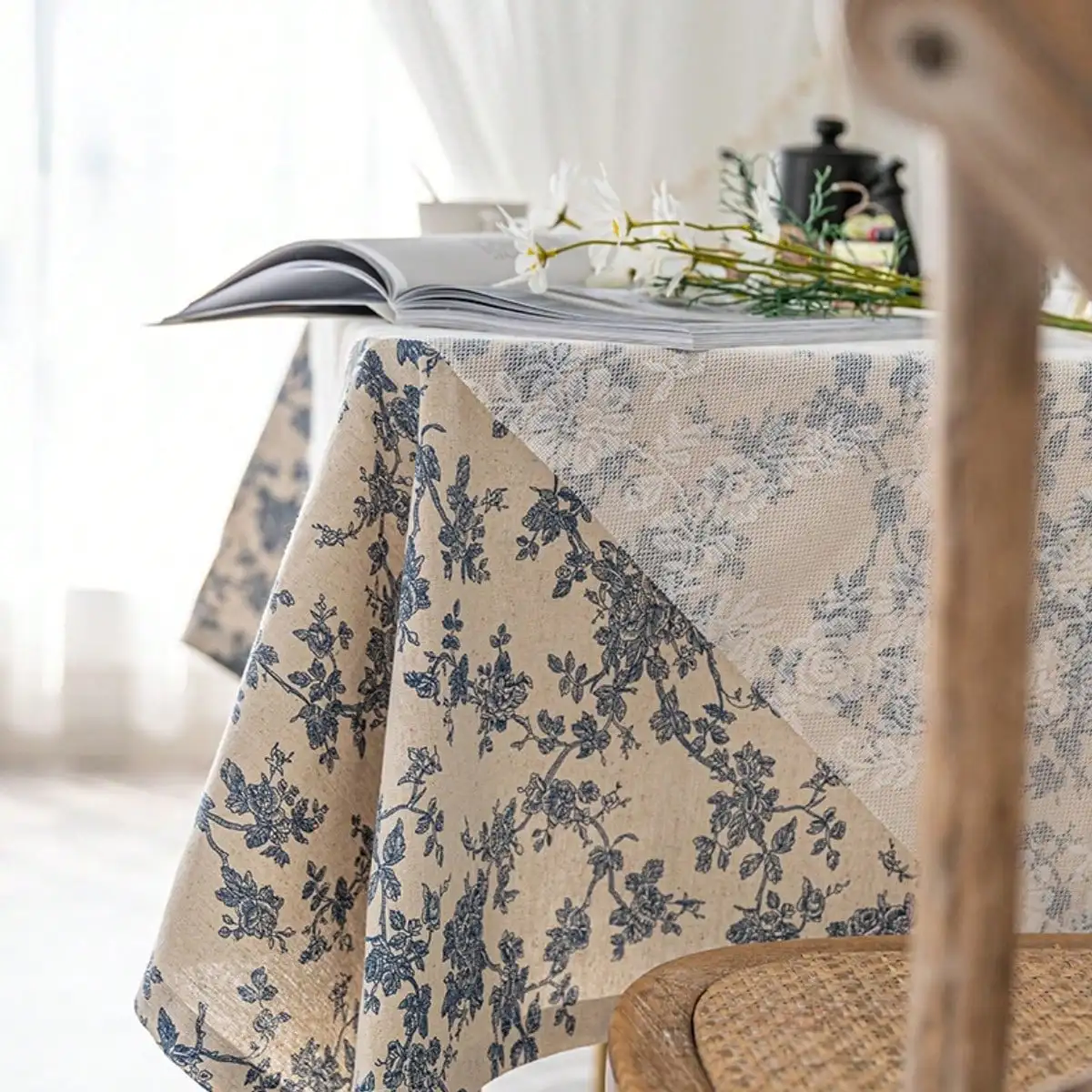 French tablecloths retro rural blue rose cotton linen dining table fabric tablecloth tea table cover fabric picnic cloth