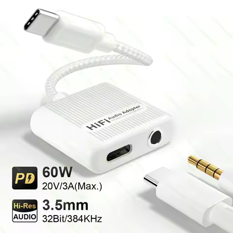 2in1 USB C to 3.5mm/Type C 32Bit/384KHz Aux Audio Adapter PD60W Fast Charging DAC Audio Aux Headphone Converter For iPad Samsung