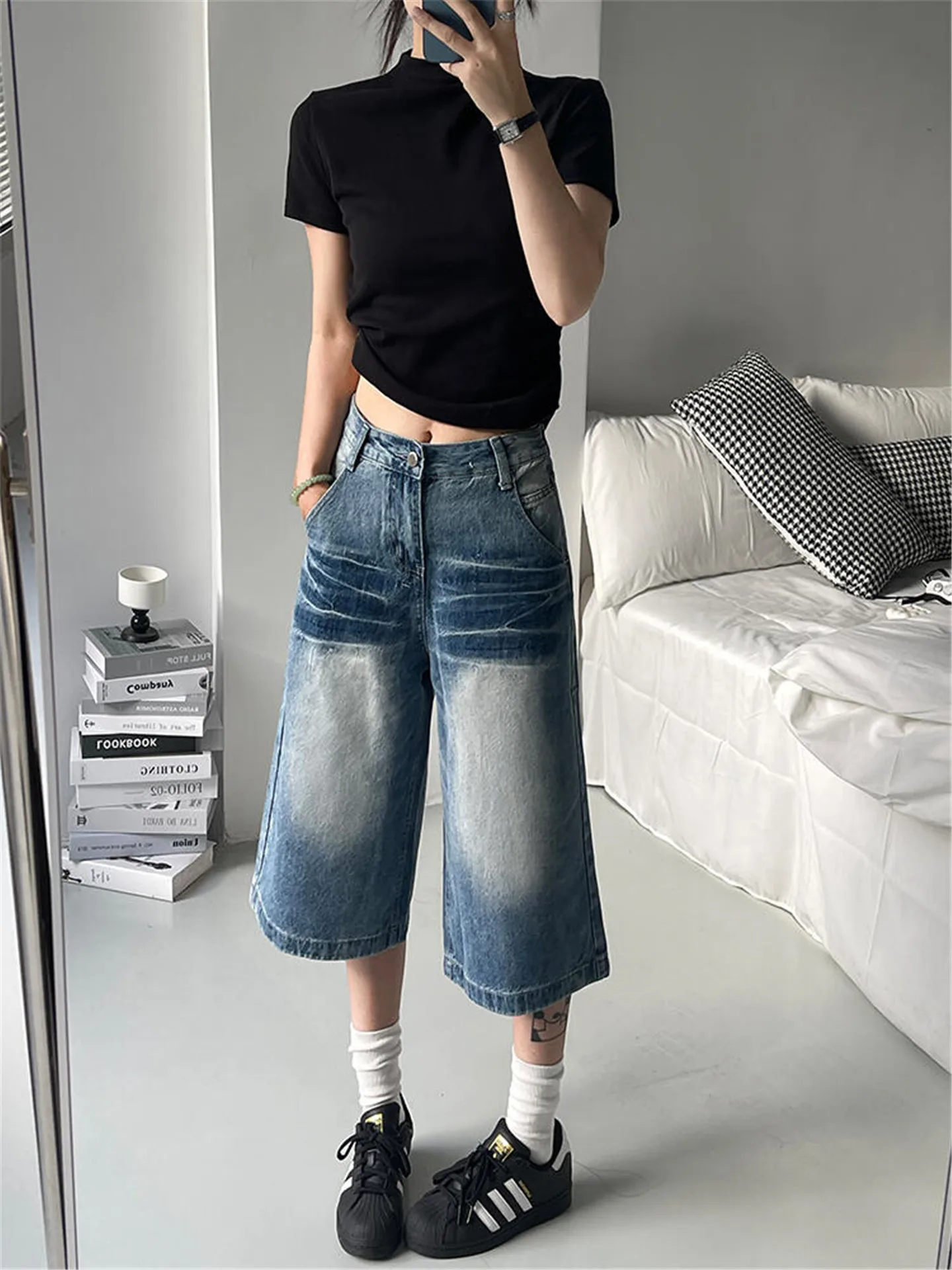 

American Style Retro Low Waist Seven-Five Denim Jeans Women Summer Loose Slimming Design Embroidery Washed Vintage Mid-Pants