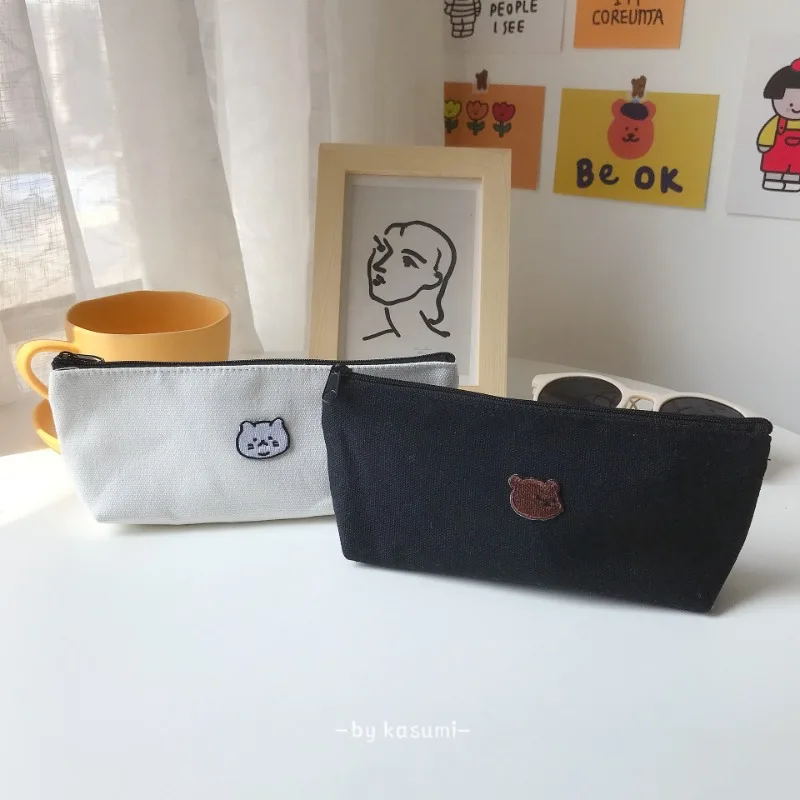 1 Piece Simplicity Cute Pencil Case for Girl Black White Color Cartoon Bear Cat Pencil Bag High Capacity Canvas Stationery Bag