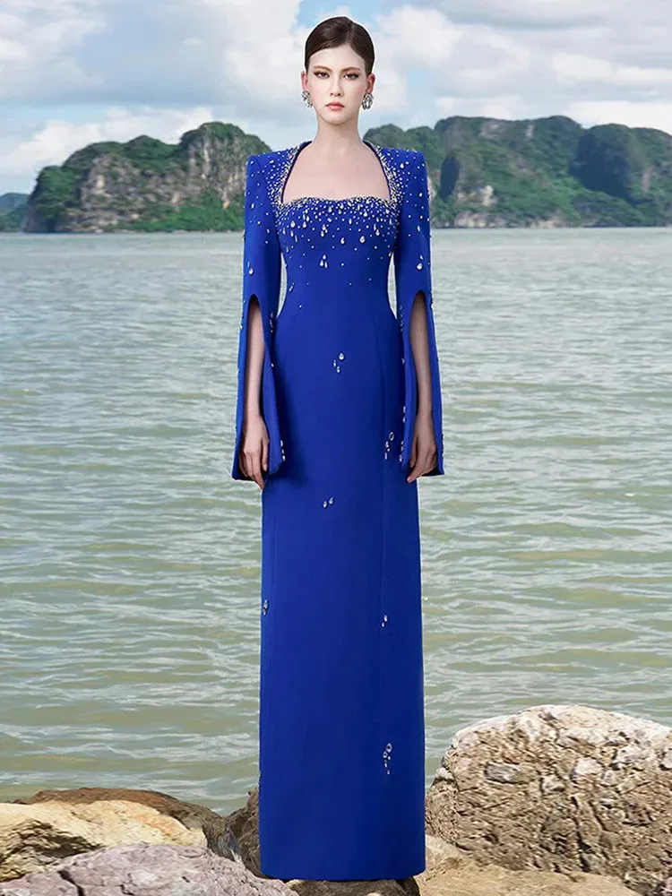 

HIGH STREET Newest Fashion 2025 Designer Party Vestido Women's Diamonds Beaded Slit Sleeve Long Maxi Dress