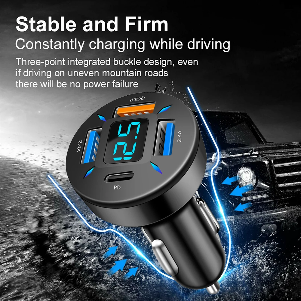 4 USB For QC3.0+PD USB Car Charger Digital LED Voltmeter 12V/24V Fast Charging -Cigarette -Lighter Adapter Socket