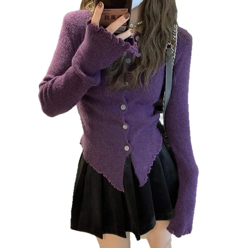 Gray Irregular Knitted Base Shirt Women's Early Autumn New Design Sense Niche Slim Slim Waist with A Top