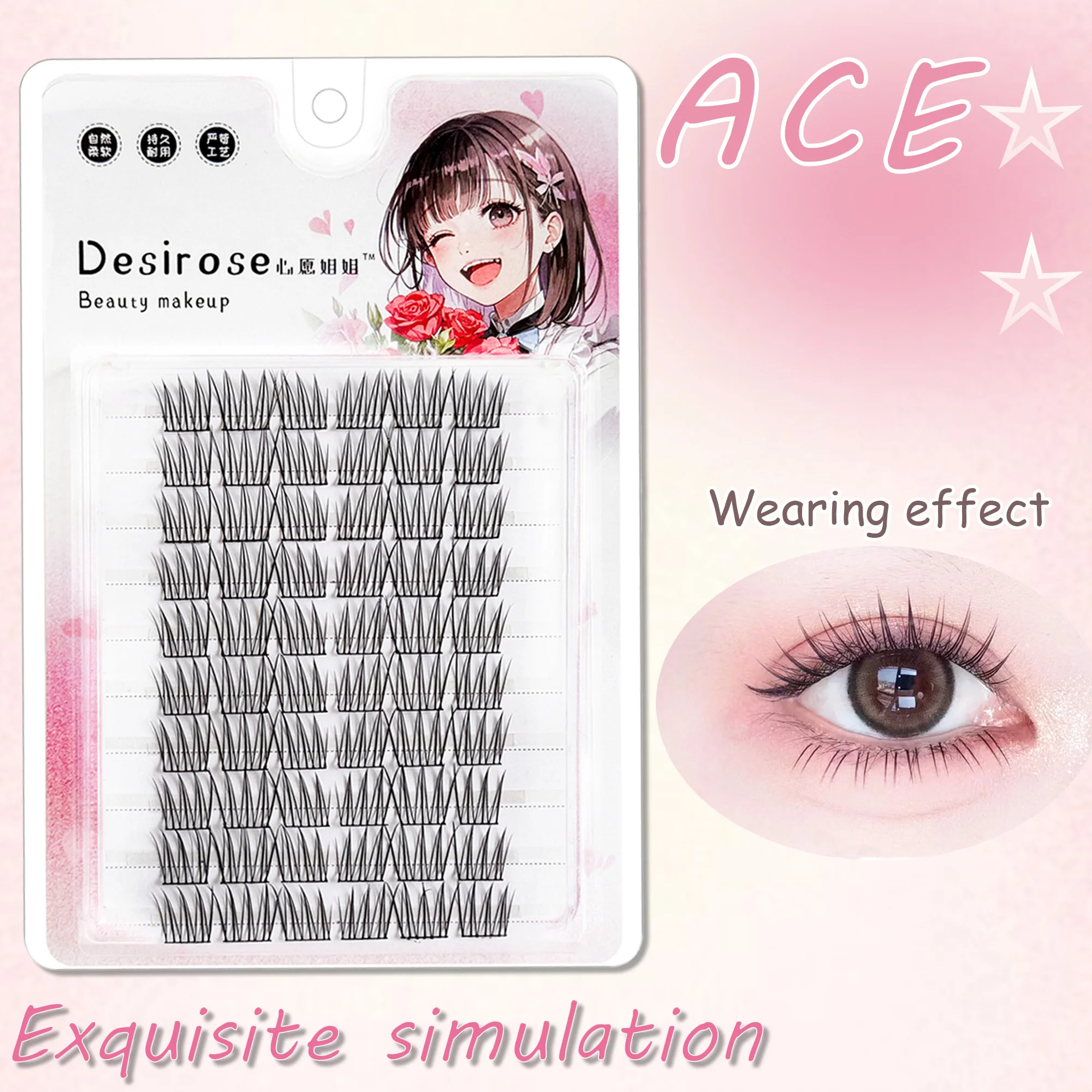Cílios postiços ACE Idol, cílios de segmento, faixa de cílios preta, cílios de fada naturalmente macios, adequados para iniciantes.