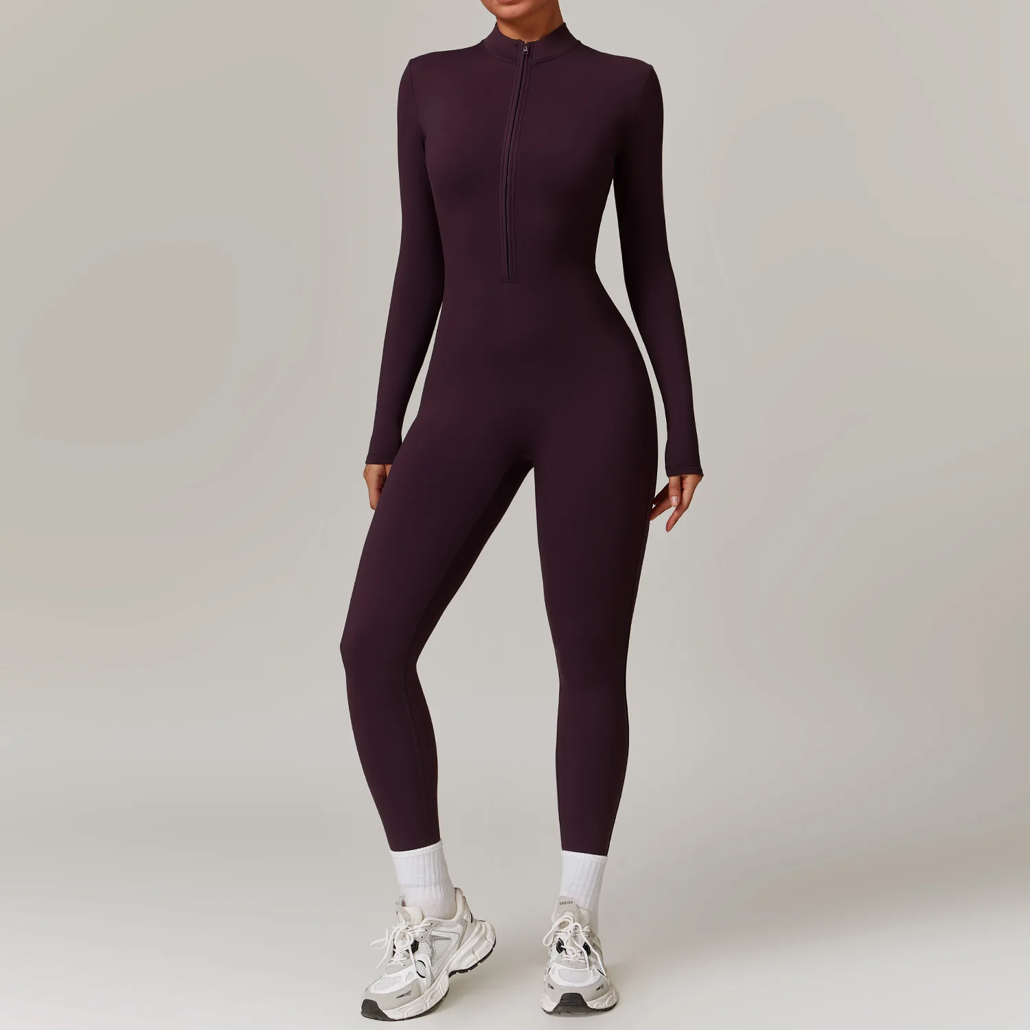 MODITIN-Combinaison de fitness pour femme, tenue chaude avec sourire pour la gym, manches longues, fermeture éclair, pantalon sans couture, ensemble de yoga, une pièce