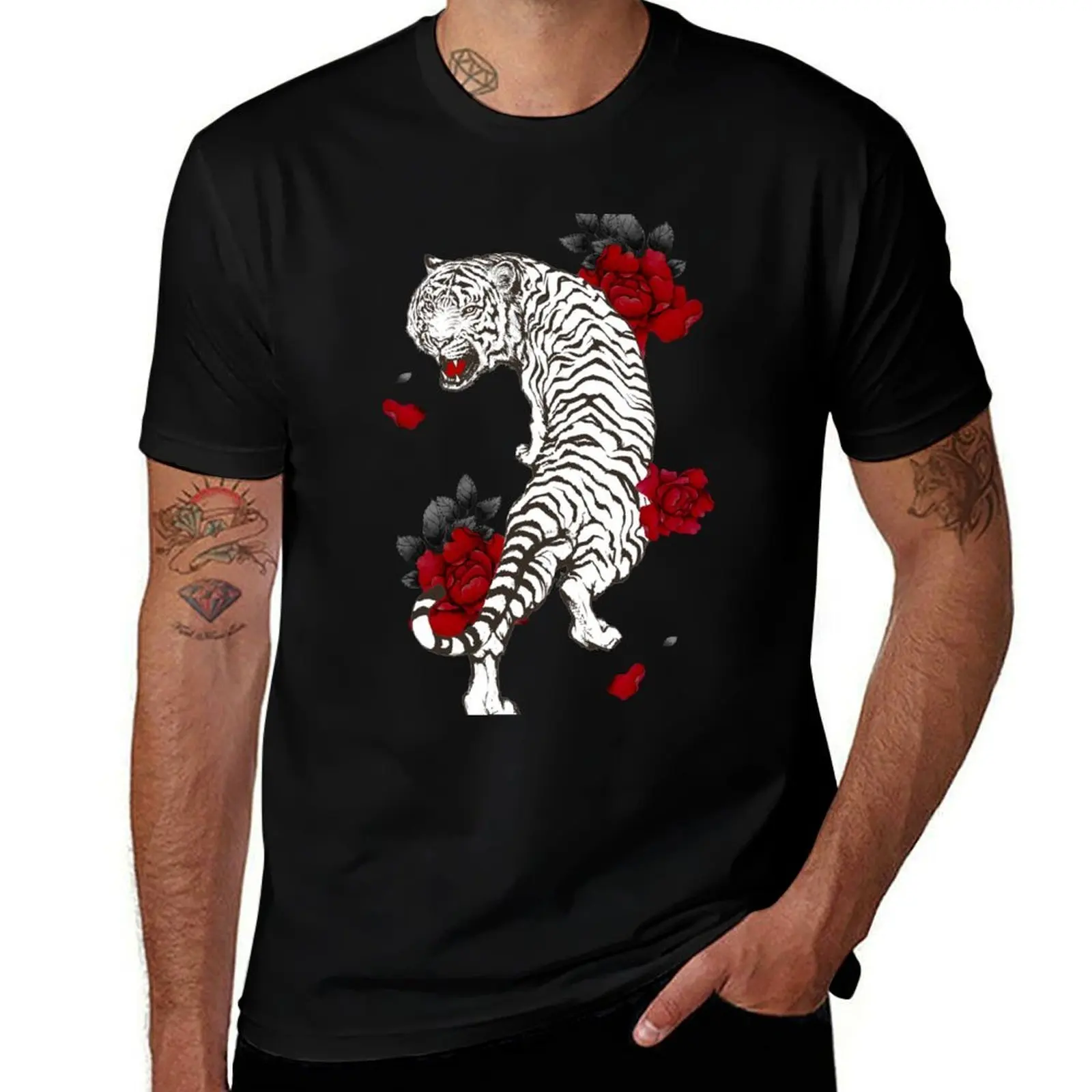 

Tiger roar with red peonies T-Shirt t shirts for man graphic tees man t shirt summer T-Shirt
