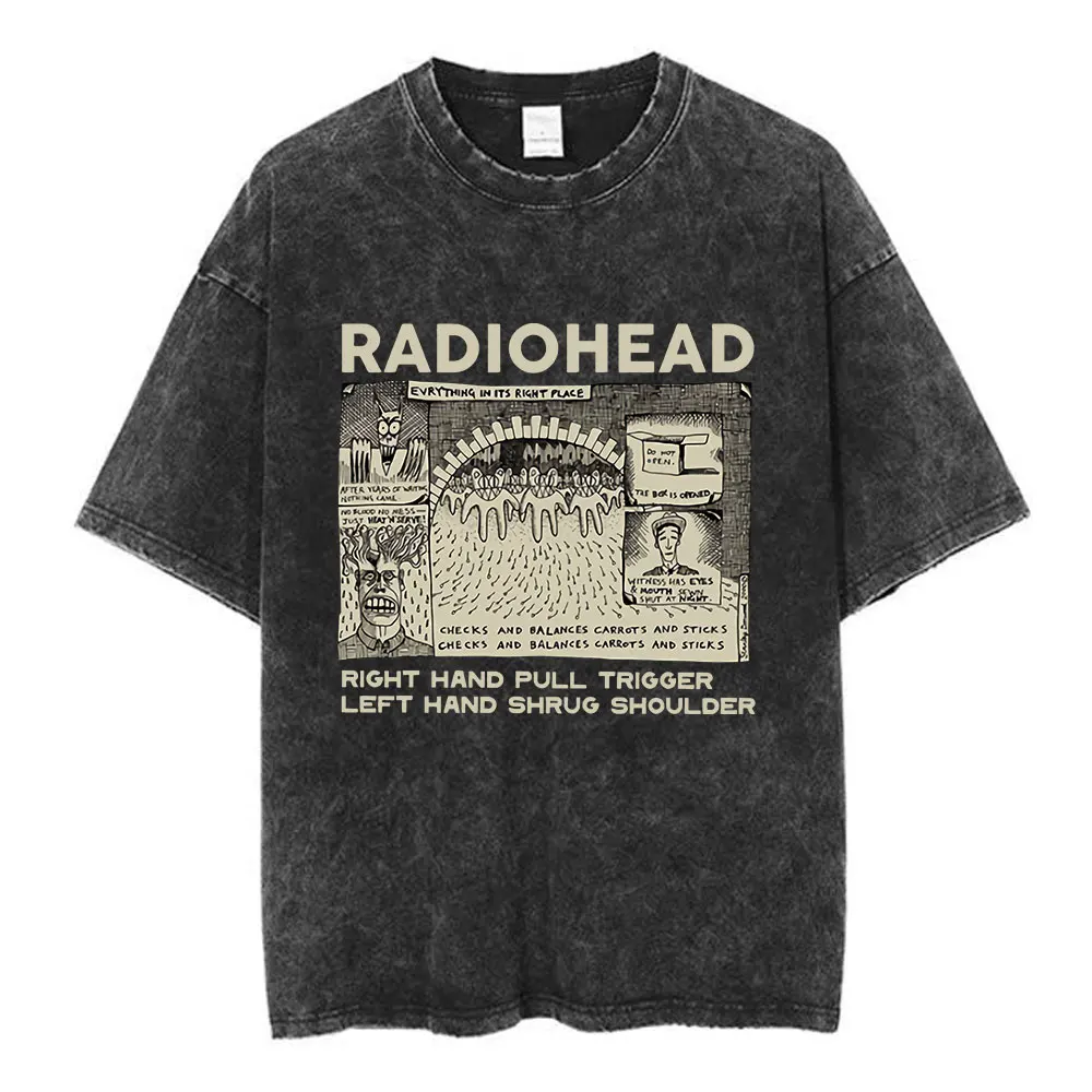 Rock Band Radiohead The Bends Vintage Washed T-shirt Men Women Fashion Hip Hop T Shirts 100% Cotton Casual T-shirts Streetwear