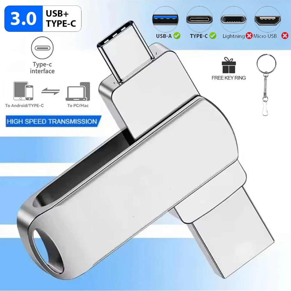 

High Speed USB 3.0 Flash Drive 64GB TYPE-C Metal Pen Drive 32GB Rotatable 2 IN 1 Memory Stick 8GB for Phone 15 U Disk Gift 4GB