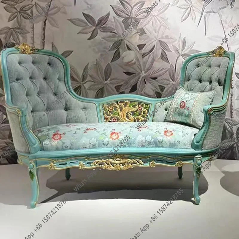 X69 French Retro Silk Embroidered Solid Wood Carving Flower Painted Concubine Chair Lazy Sofa European Style Bedside Stool Leisu