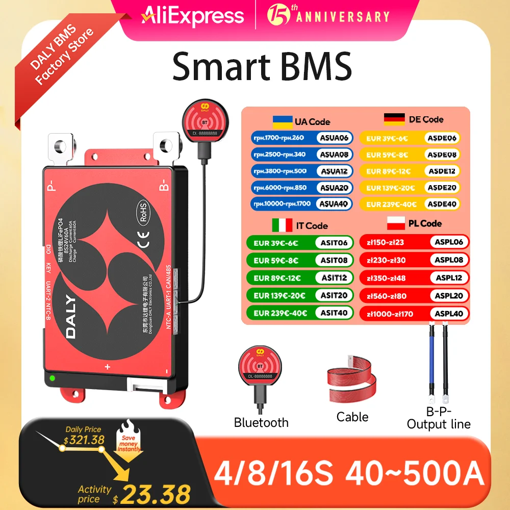 Daly Smart Lifepo4 BMS Board 4S 12V 8S 24V16S 48V 3.2V 100A 60A BMS for 18650 BATTERY PACK BT UART RS485 CANBUS Communication