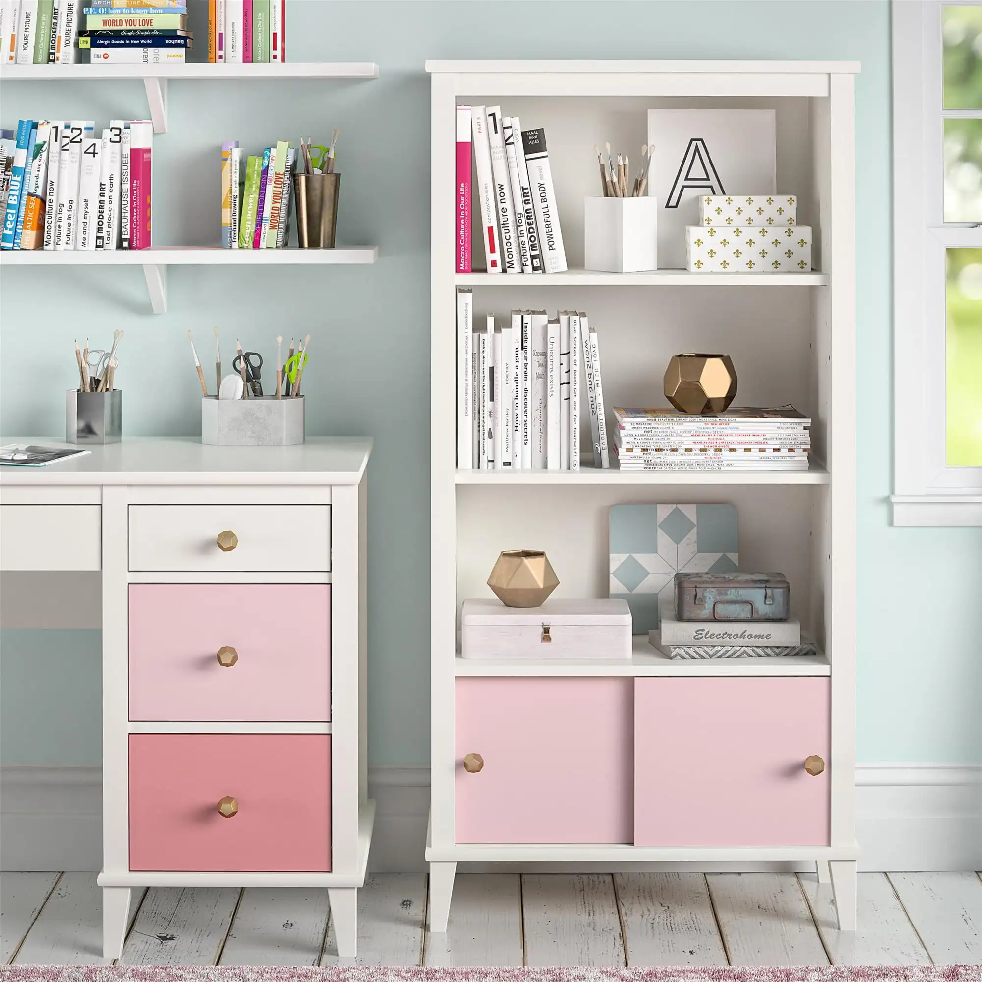 

Little Seeds Monarch Hill Poppy Kidsâ White Bookcase, Pink Doors