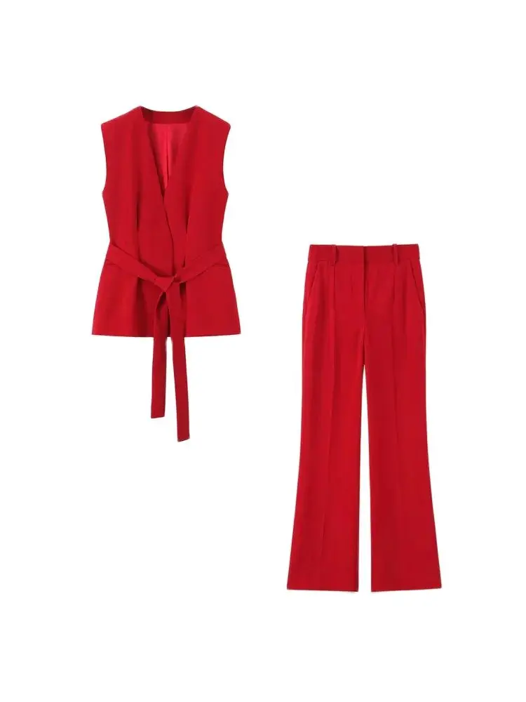 

GELITAYIN Women Fashion With Belt Waistcoat And Mid Waist Side Pockets Flared Trousers Female Two Piece Sets Mujer